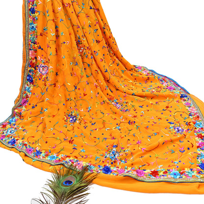Indian Vintage Heavy Sari saffron Pure Georgette Silk Hand Embroidered Parsi Gara Sarees Craft Fabric 5Yd Sewing Dress making Wedding sari