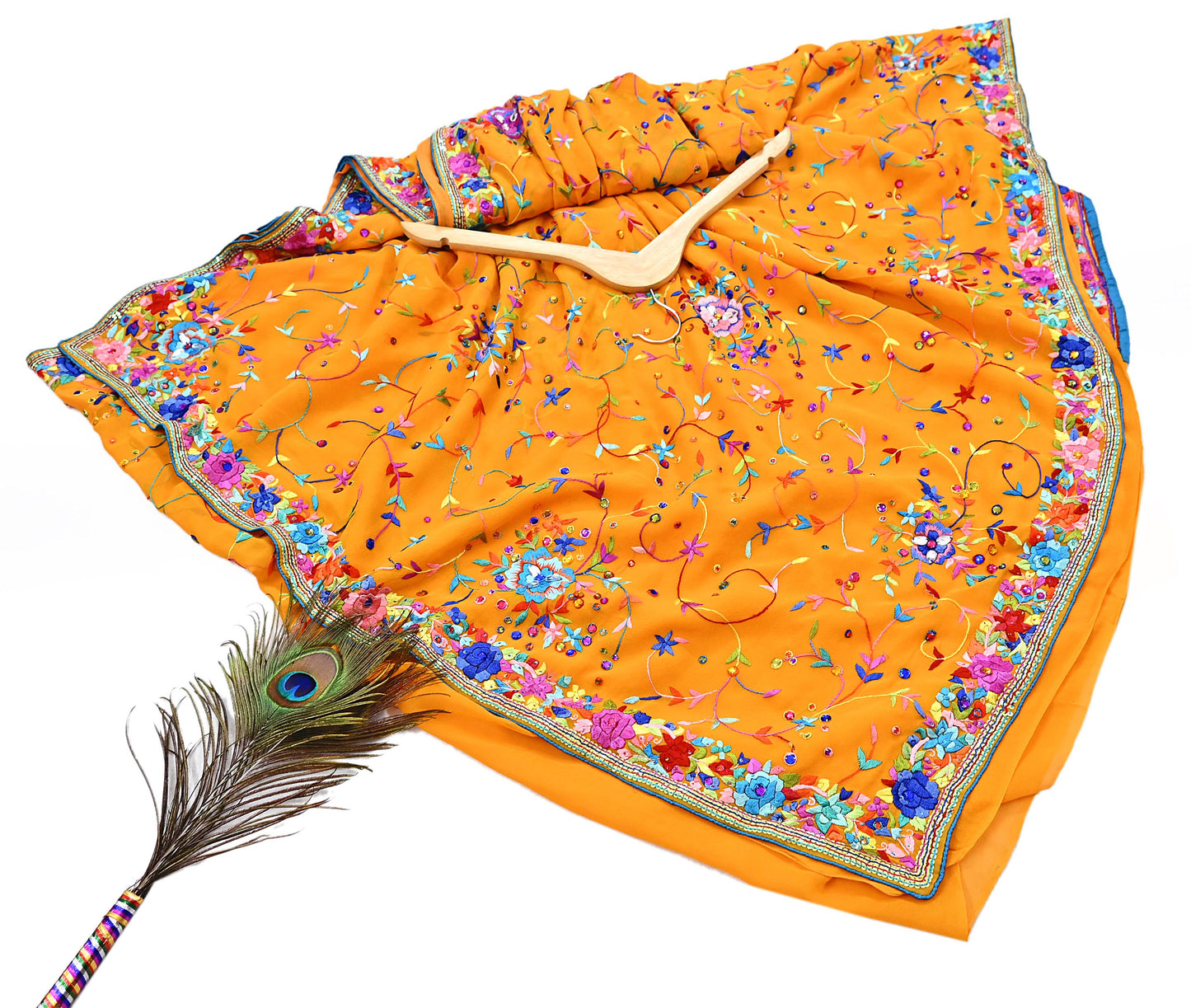 Indian Vintage Heavy Sari saffron Pure Georgette Silk Hand Embroidered Parsi Gara Sarees Craft Fabric 5Yd Sewing Dress making Wedding sari