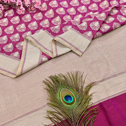 Indian Vintage Heavy Sari Purple & pink Hand Woven Sarees 100% Pure Silk Zari 5Yd Floral with Blouse fabric