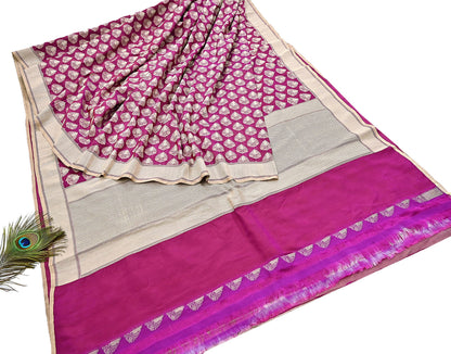 Indian Vintage Heavy Sari Purple & pink Hand Woven Sarees 100% Pure Silk Zari 5Yd Floral with Blouse fabric