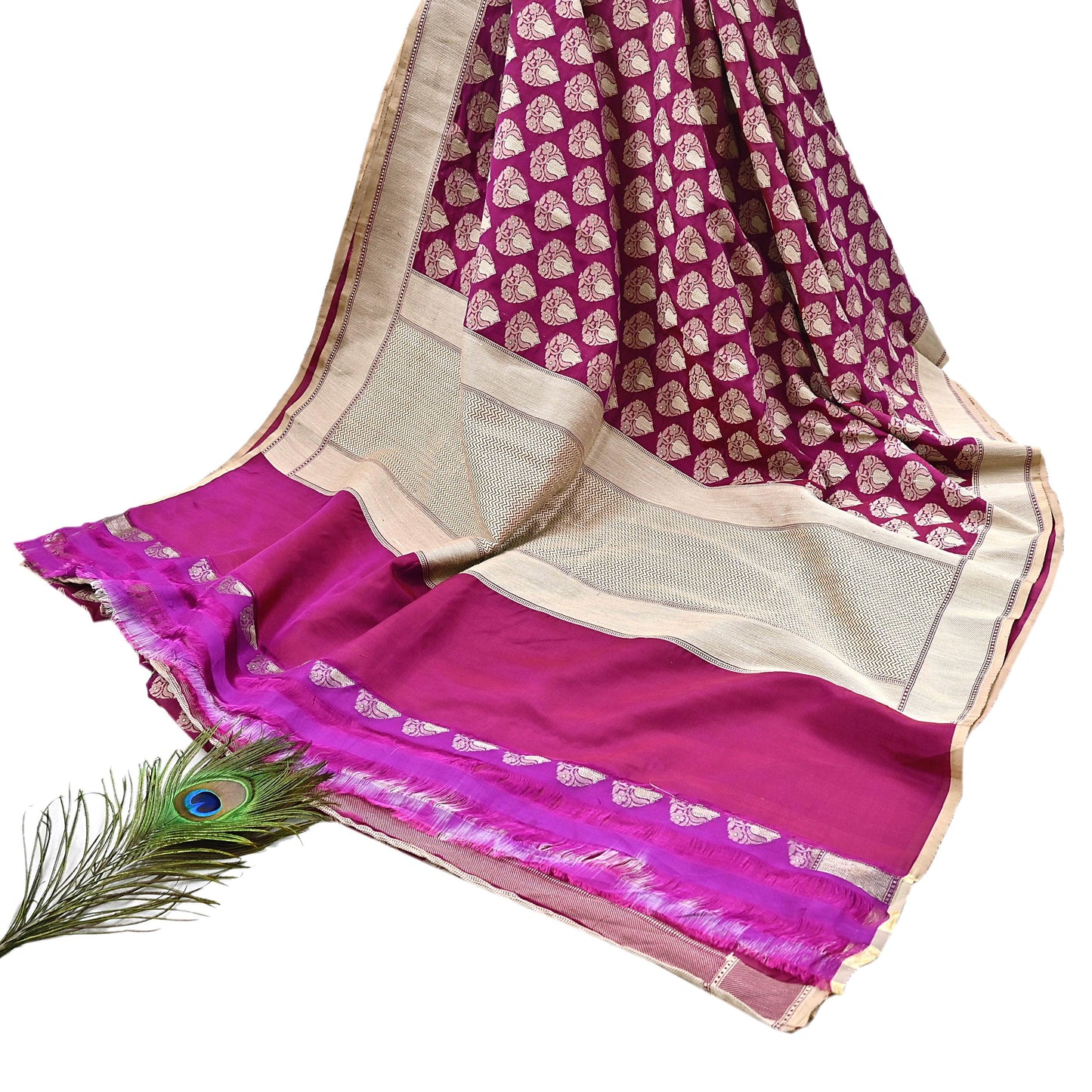 Indian Vintage Heavy Sari Purple & pink Hand Woven Sarees 100% Pure Silk Zari 5Yd Floral with Blouse fabric