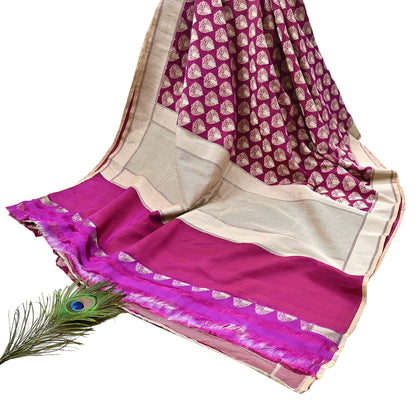 Indian Vintage Heavy Sari Purple & pink Hand Woven Sarees 100% Pure Silk Zari 5Yd Floral with Blouse fabric