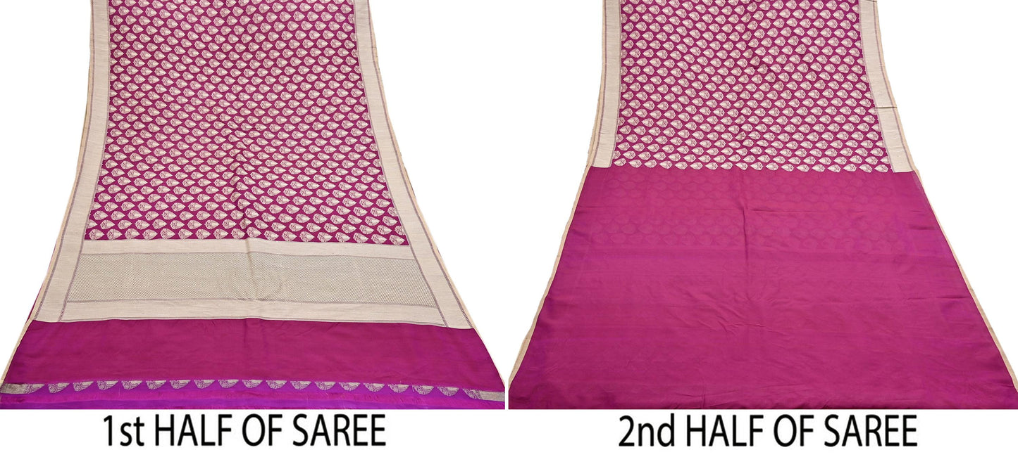Indian Vintage Heavy Sari Purple & pink Hand Woven Sarees 100% Pure Silk Zari 5Yd Floral with Blouse fabric