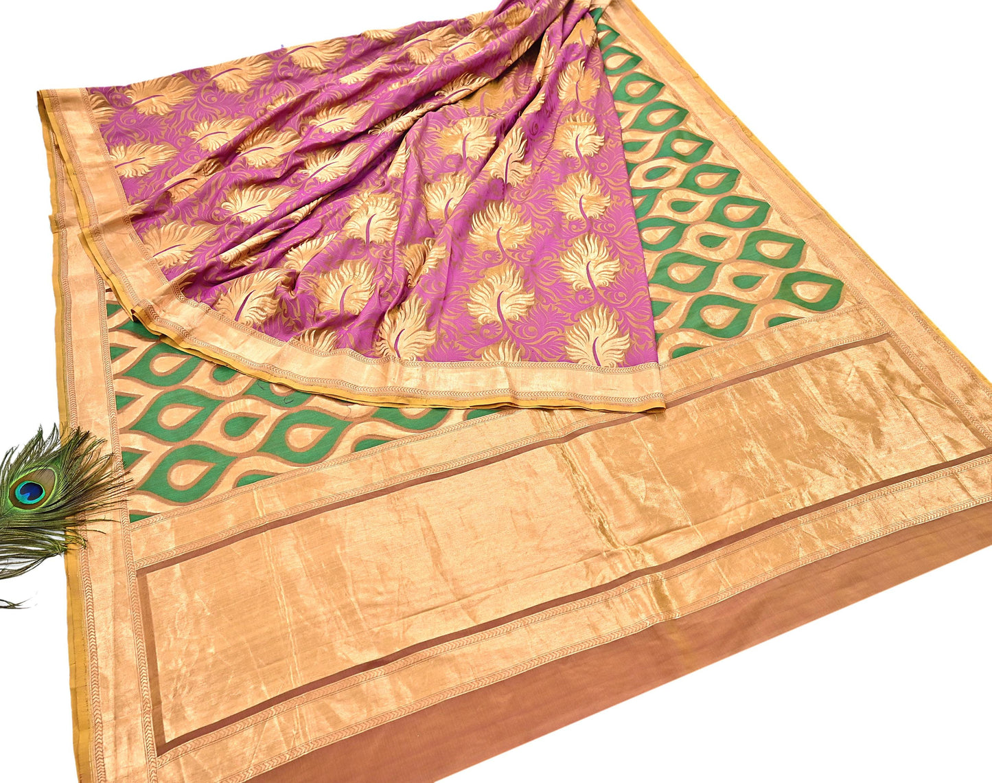 Indian Vintage Heavy Sari Purple & Saffron Hand Woven Sarees 100% Pure Silk Zari 5Yd Floral with Blouse fabric