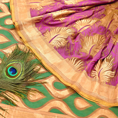 Indian Vintage Heavy Sari Purple & Saffron Hand Woven Sarees 100% Pure Silk Zari 5Yd Floral with Blouse fabric