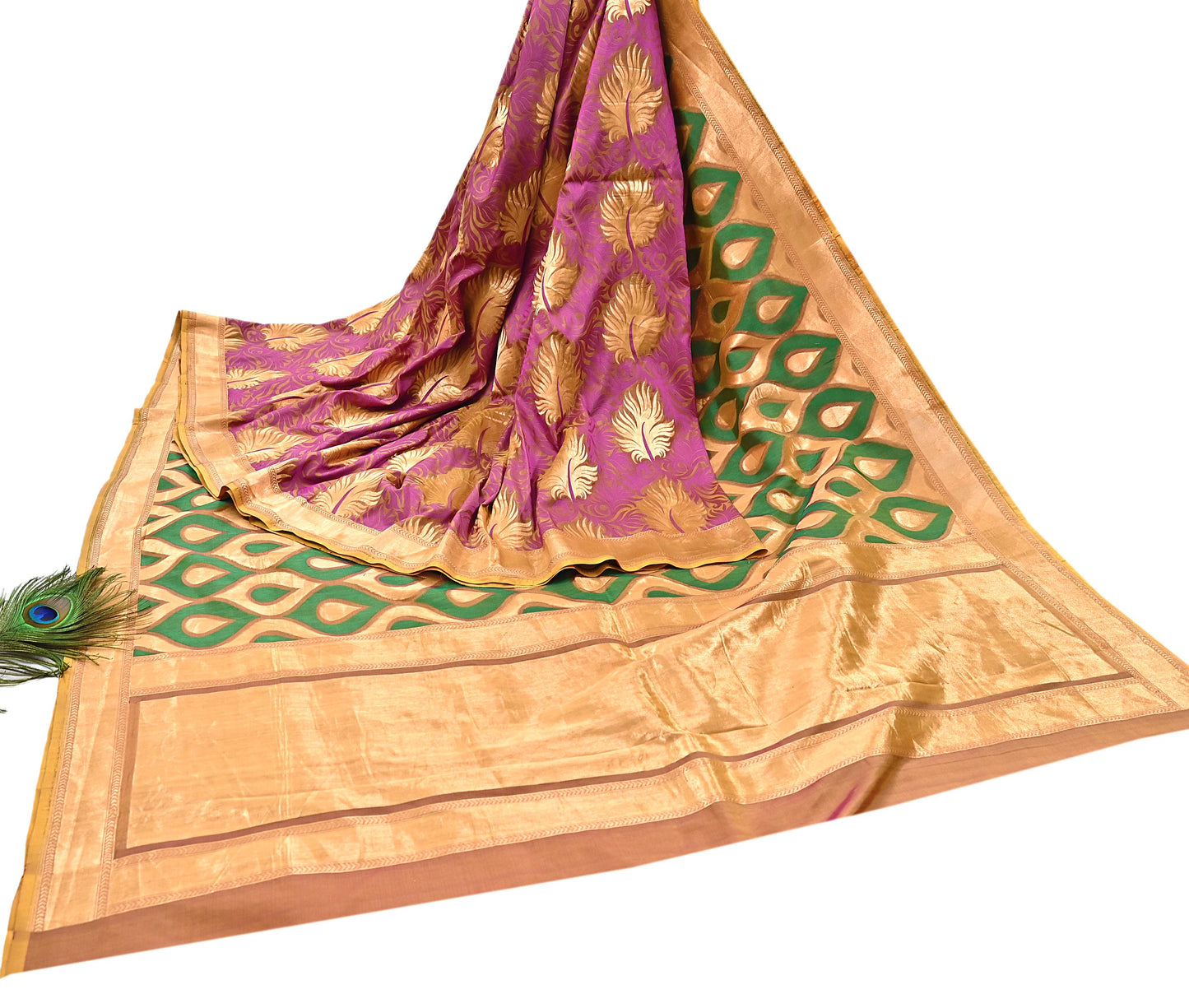 Indian Vintage Heavy Sari Purple & Saffron Hand Woven Sarees 100% Pure Silk Zari 5Yd Floral with Blouse fabric