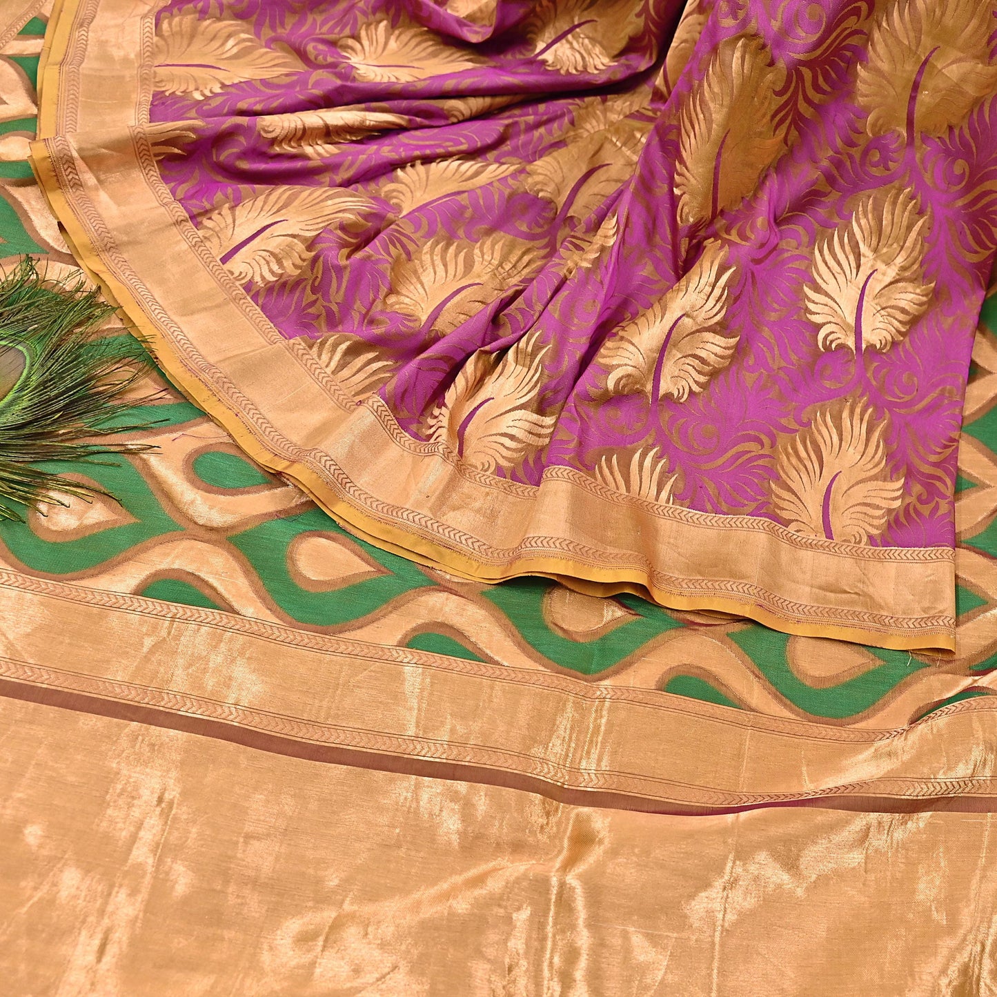 Indian Vintage Heavy Sari Purple & Saffron Hand Woven Sarees 100% Pure Silk Zari 5Yd Floral with Blouse fabric