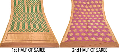 Indian Vintage Heavy Sari Purple & Saffron Hand Woven Sarees 100% Pure Silk Zari 5Yd Floral with Blouse fabric