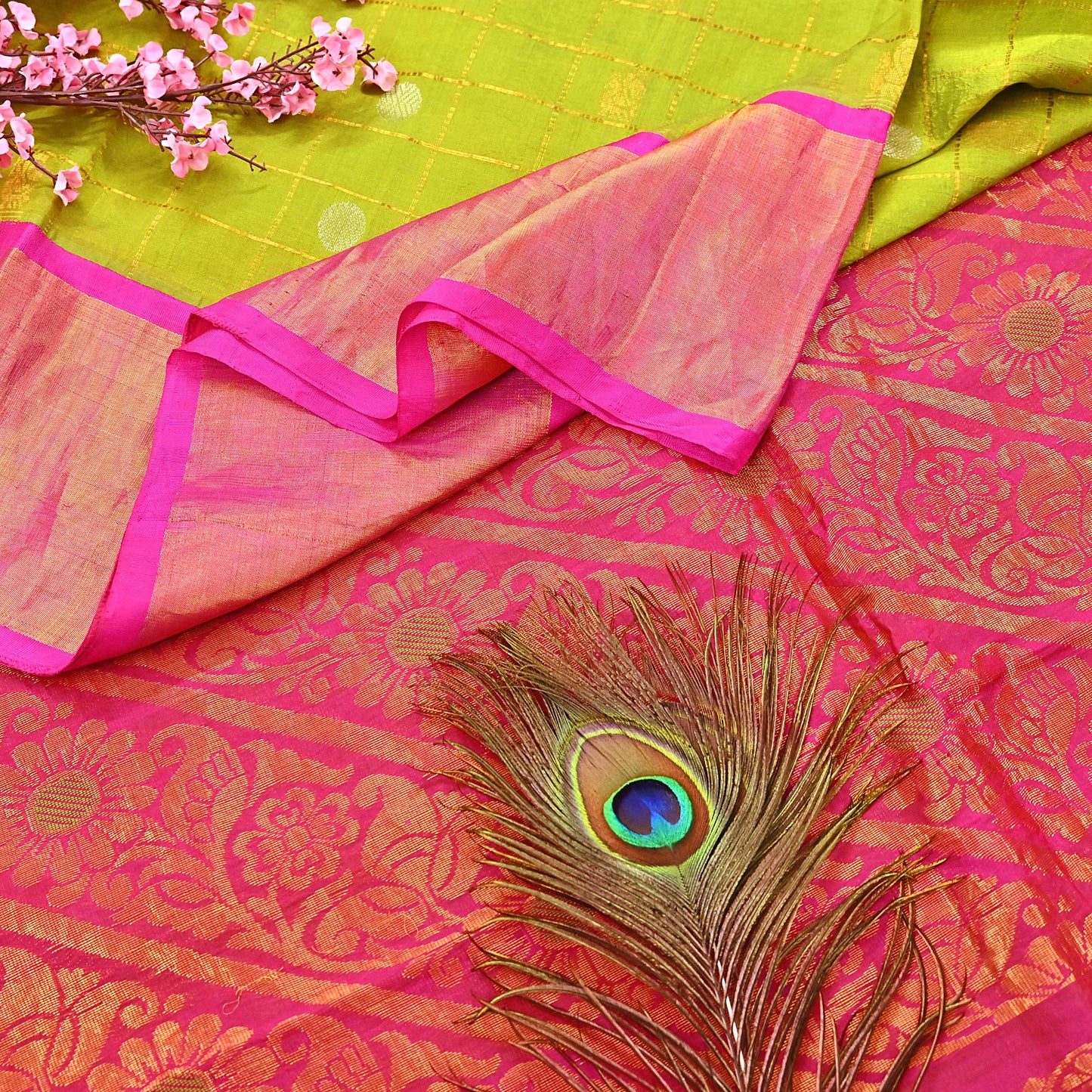Indian Vintage Heavy Purple & Green Kanjivaram Saree 100% Pure Silk Sari Metallic Zari 5Yd Floral Crafting Dress making Ethnic Peacock