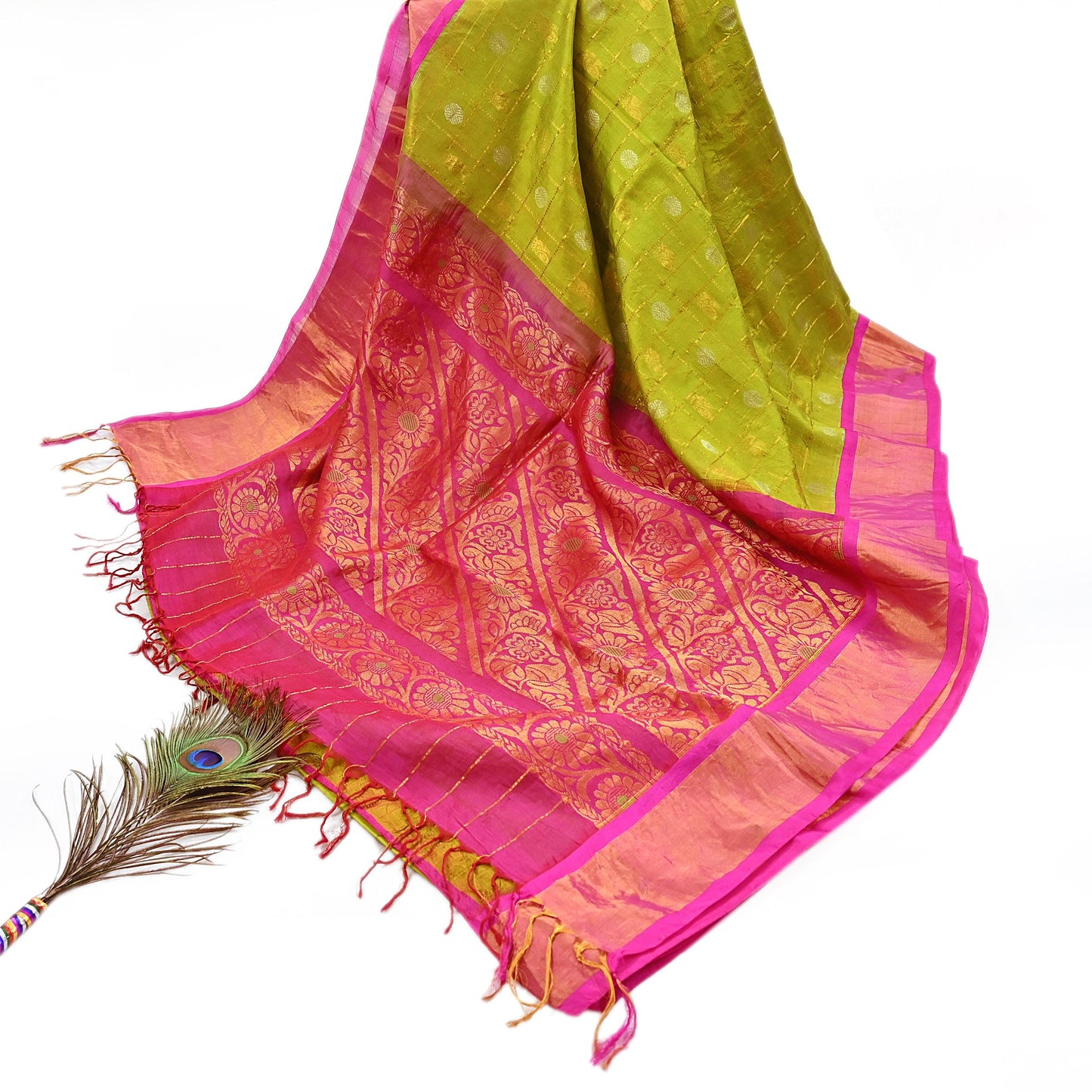 Indian Vintage Heavy Purple & Green Kanjivaram Saree 100% Pure Silk Sari Metallic Zari 5Yd Floral Crafting Dress making Ethnic Peacock