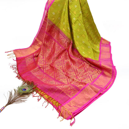 Indian Vintage Heavy Purple & Green Kanjivaram Saree 100% Pure Silk Sari Metallic Zari 5Yd Floral Crafting Dress making Ethnic Peacock