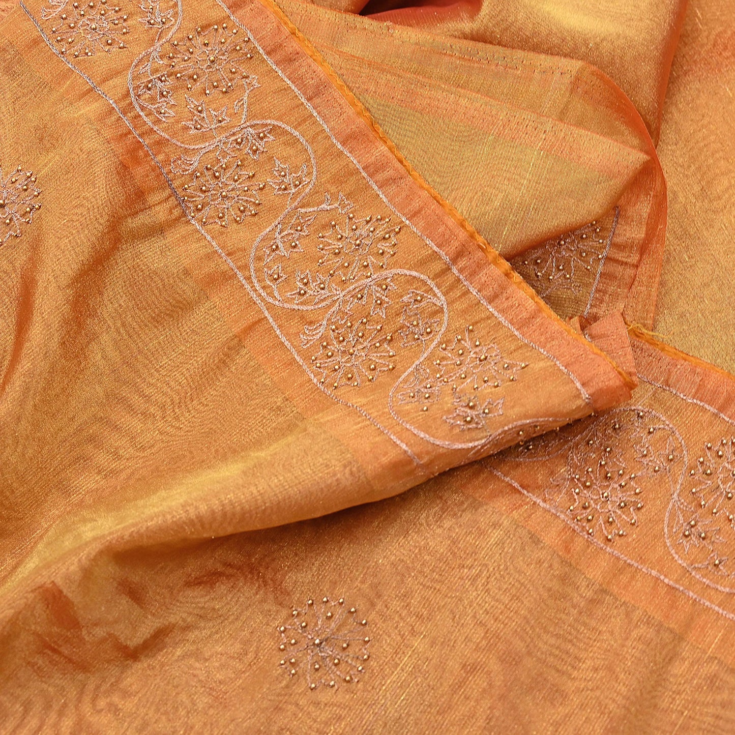 Indian Vintage Saree Hand Embroidered Sari Golden Zardozi Tissue Fabric 5yd Ethnic