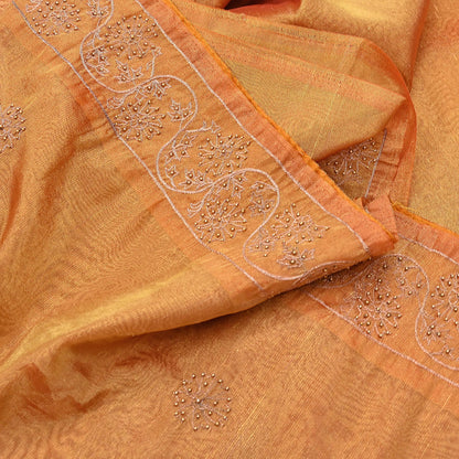 Indian Vintage Saree Hand Embroidered Sari Golden Zardozi Tissue Fabric 5yd Ethnic