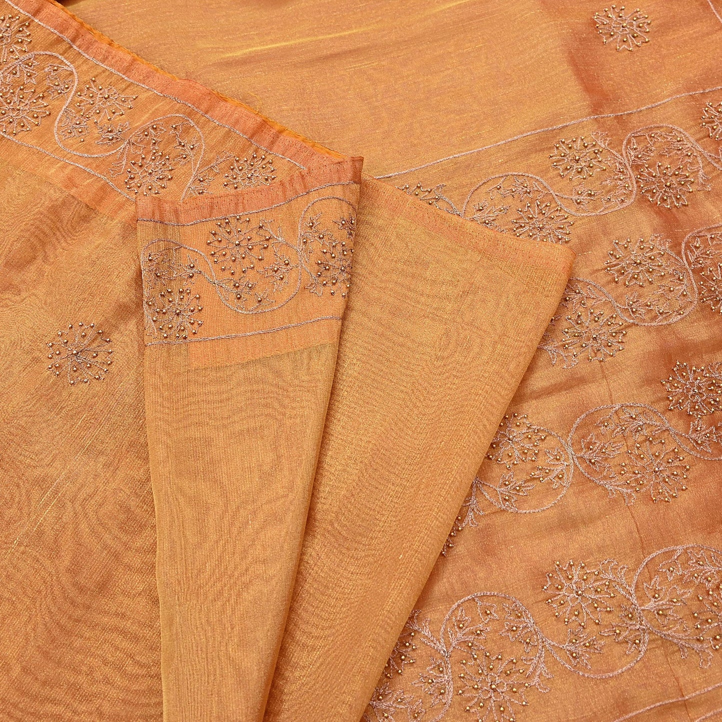 Indian Vintage Saree Hand Embroidered Sari Golden Zardozi Tissue Fabric 5yd Ethnic