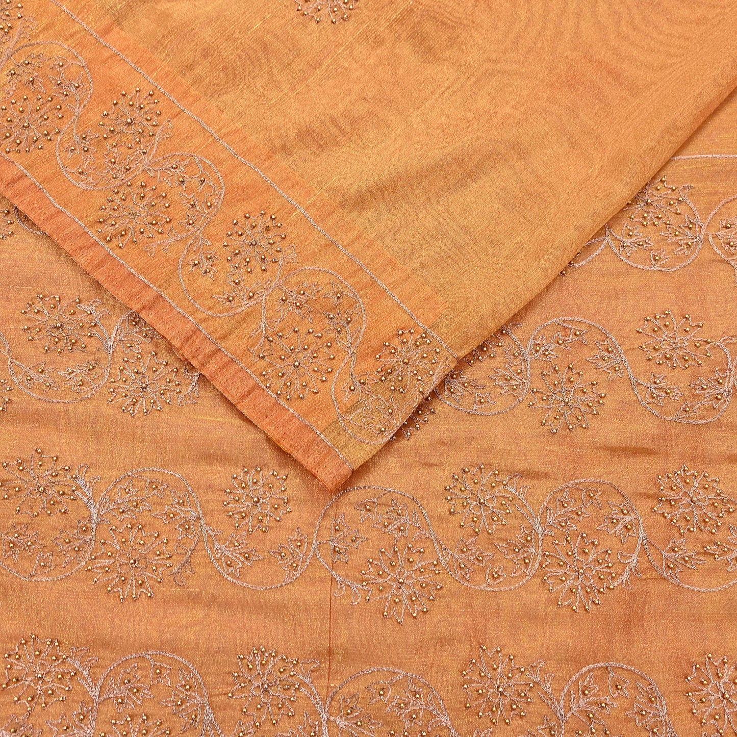 Indian Vintage Saree Hand Embroidered Sari Golden Zardozi Tissue Fabric 5yd Ethnic