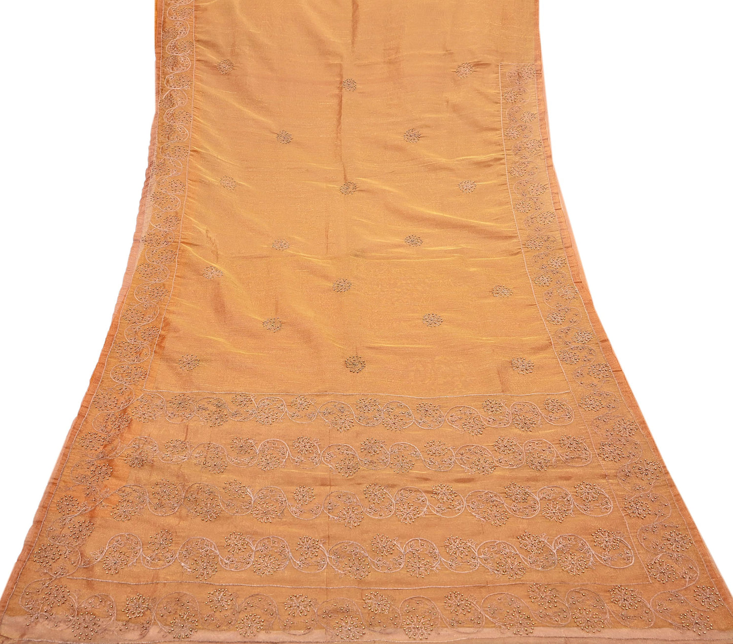 Indian Vintage Saree Hand Embroidered Sari Golden Zardozi Tissue Fabric 5yd Ethnic