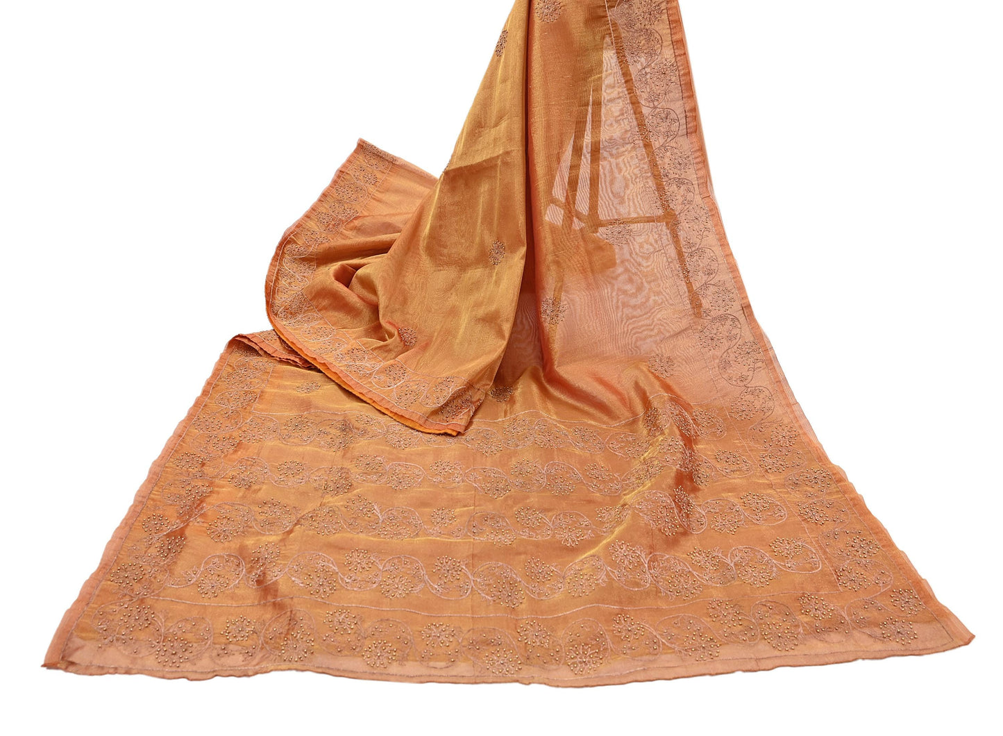 Indian Vintage Saree Hand Embroidered Sari Golden Zardozi Tissue Fabric 5yd Ethnic