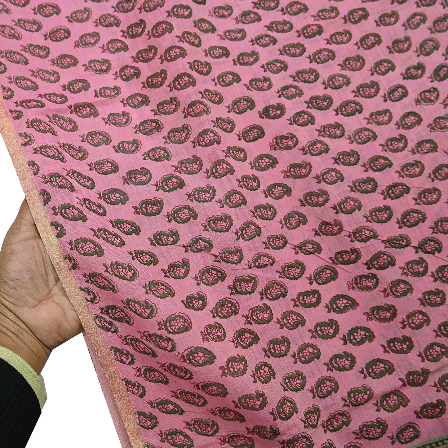 Indian Vintage Sari Green Block Printed Pure Cotton Saree Craft Fabric 5Yd Sewing Sarong Wrap Boho Crafting Upcycle Quilting Zari