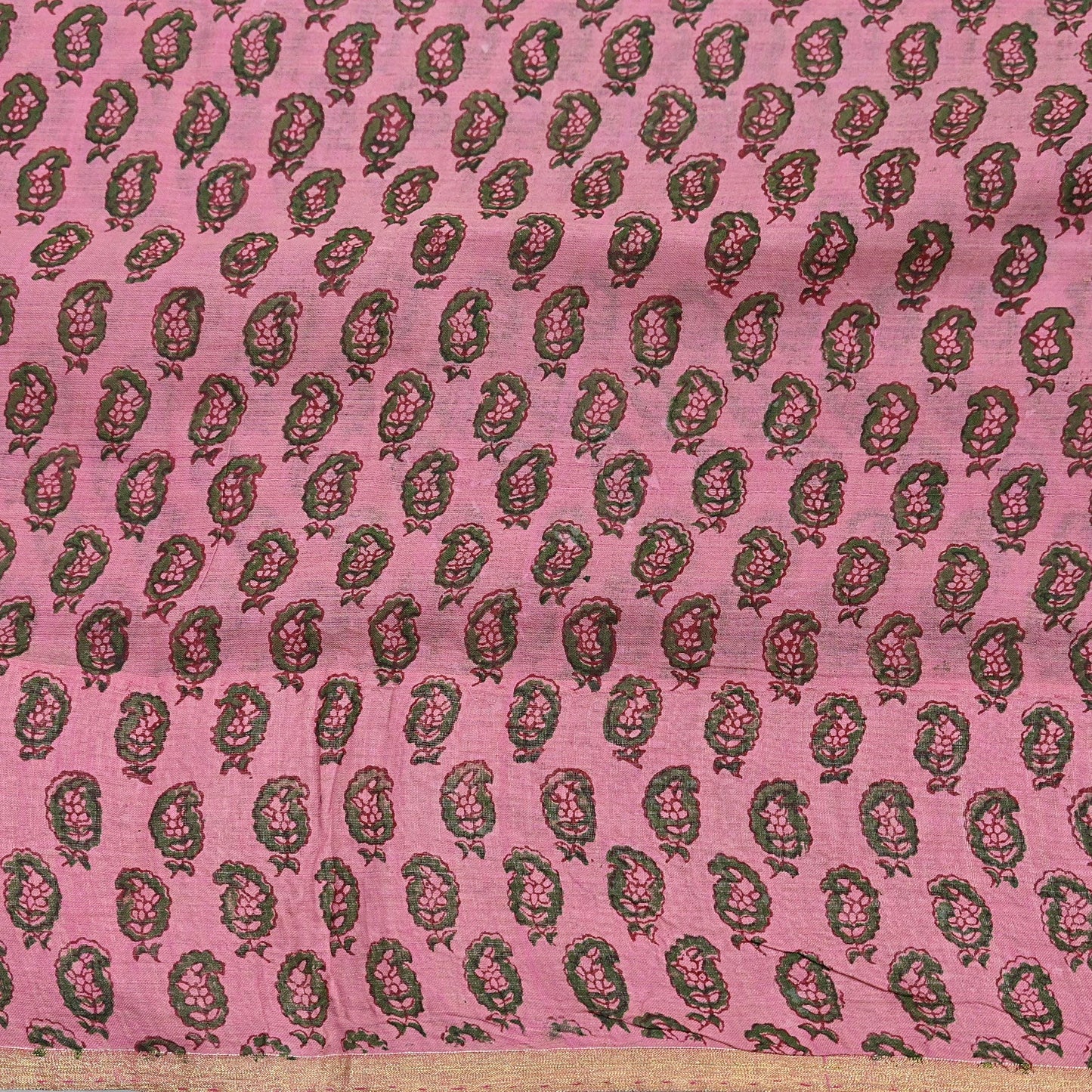 Indian Vintage Sari Green Block Printed Pure Cotton Saree Craft Fabric 5Yd Sewing Sarong Wrap Boho Crafting Upcycle Quilting Zari