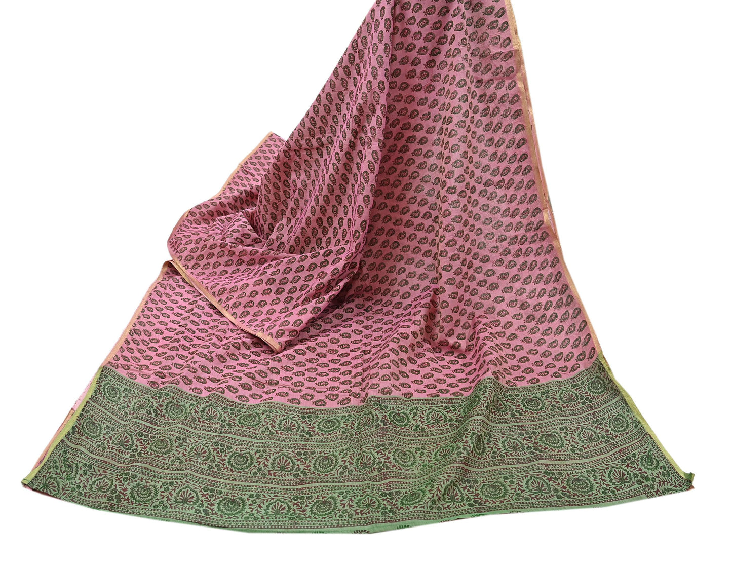 Indian Vintage Sari Green Block Printed Pure Cotton Saree Craft Fabric 5Yd Sewing Sarong Wrap Boho Crafting Upcycle Quilting Zari