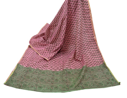 Indian Vintage Sari Green Block Printed Pure Cotton Saree Craft Fabric 5Yd Sewing Sarong Wrap Boho Crafting Upcycle Quilting Zari