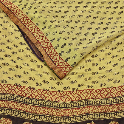 Indian Vintage Sari Green & Black chanderi Silk Bagru Printed Saree 5Yd Fabric Floral Soft Zari Border Ethnic Upcycle Crafting Dress making