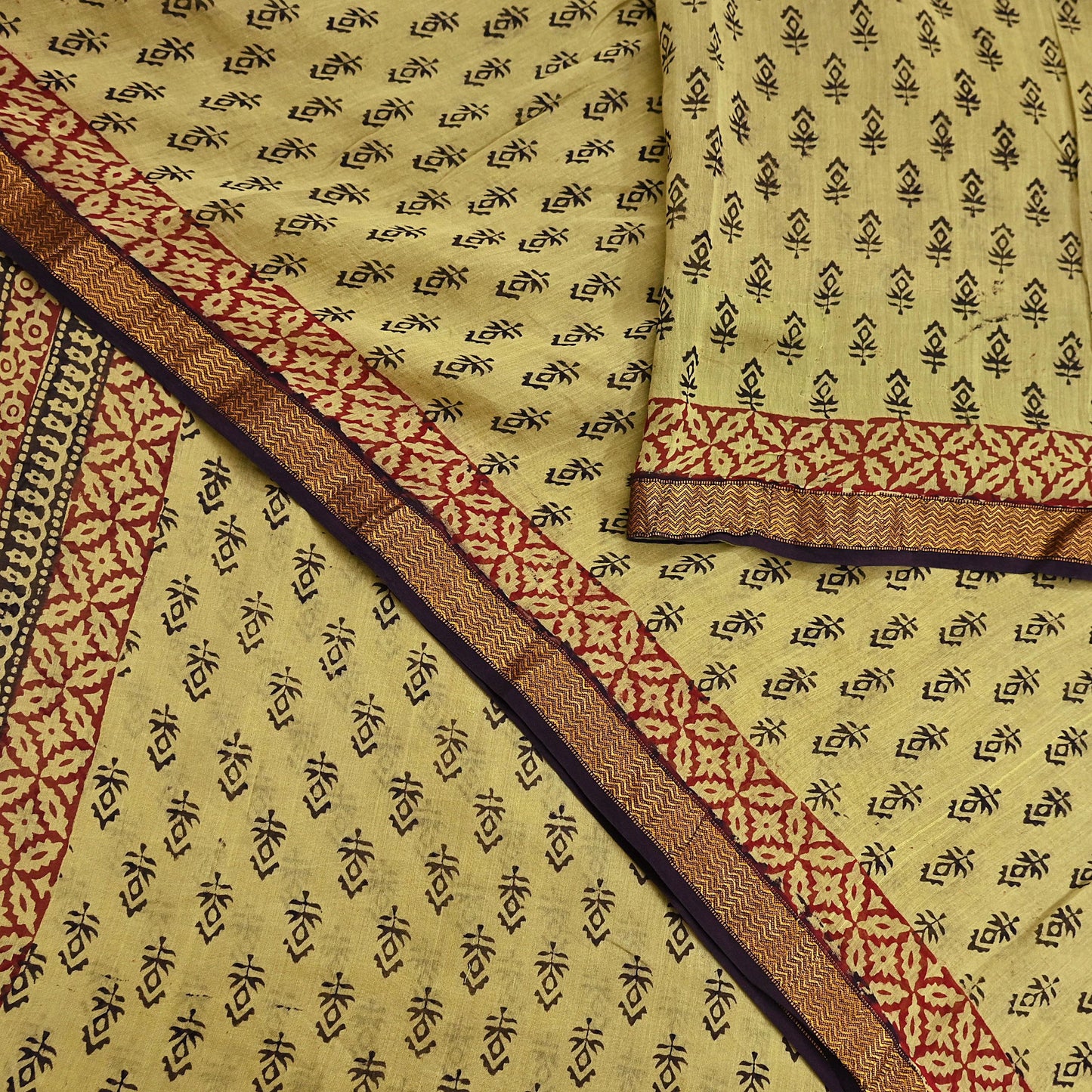 Indian Vintage Sari Green & Black chanderi Silk Bagru Printed Saree 5Yd Fabric Floral Soft Zari Border Ethnic Upcycle Crafting Dress making