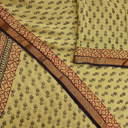 Indian Vintage Sari Green & Black chanderi Silk Bagru Printed Saree 5Yd Fabric Floral Soft Zari Border Ethnic Upcycle Crafting Dress making