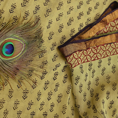 Indian Vintage Sari Green & Black chanderi Silk Bagru Printed Saree 5Yd Fabric Floral Soft Zari Border Ethnic Upcycle Crafting Dress making