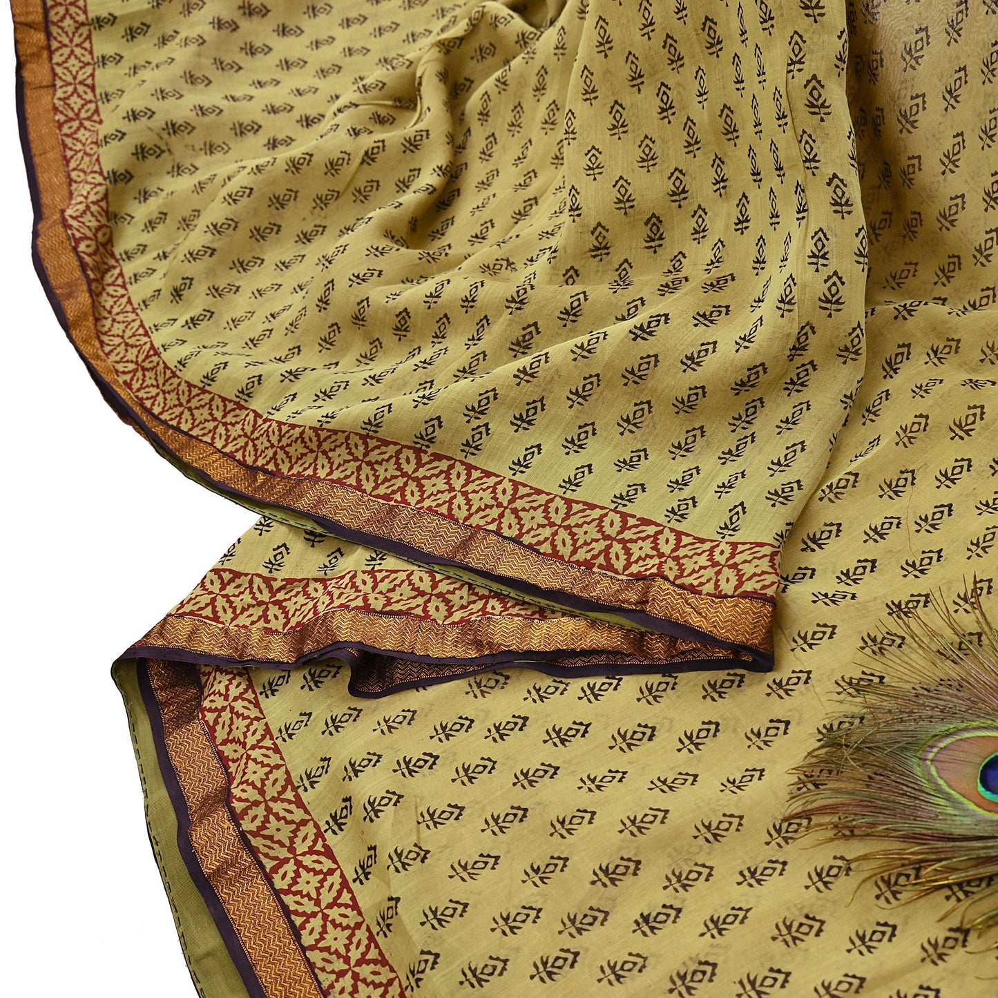 Indian Vintage Sari Green & Black chanderi Silk Bagru Printed Saree 5Yd Fabric Floral Soft Zari Border Ethnic Upcycle Crafting Dress making