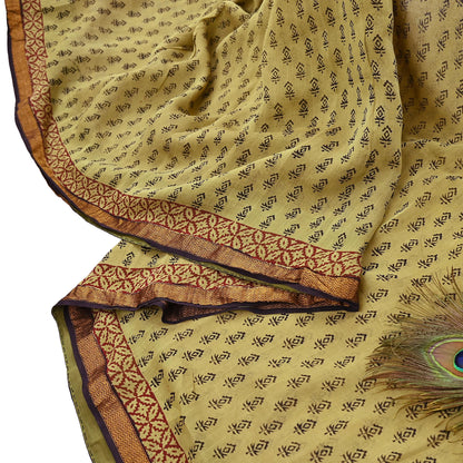 Indian Vintage Sari Green & Black chanderi Silk Bagru Printed Saree 5Yd Fabric Floral Soft Zari Border Ethnic Upcycle Crafting Dress making