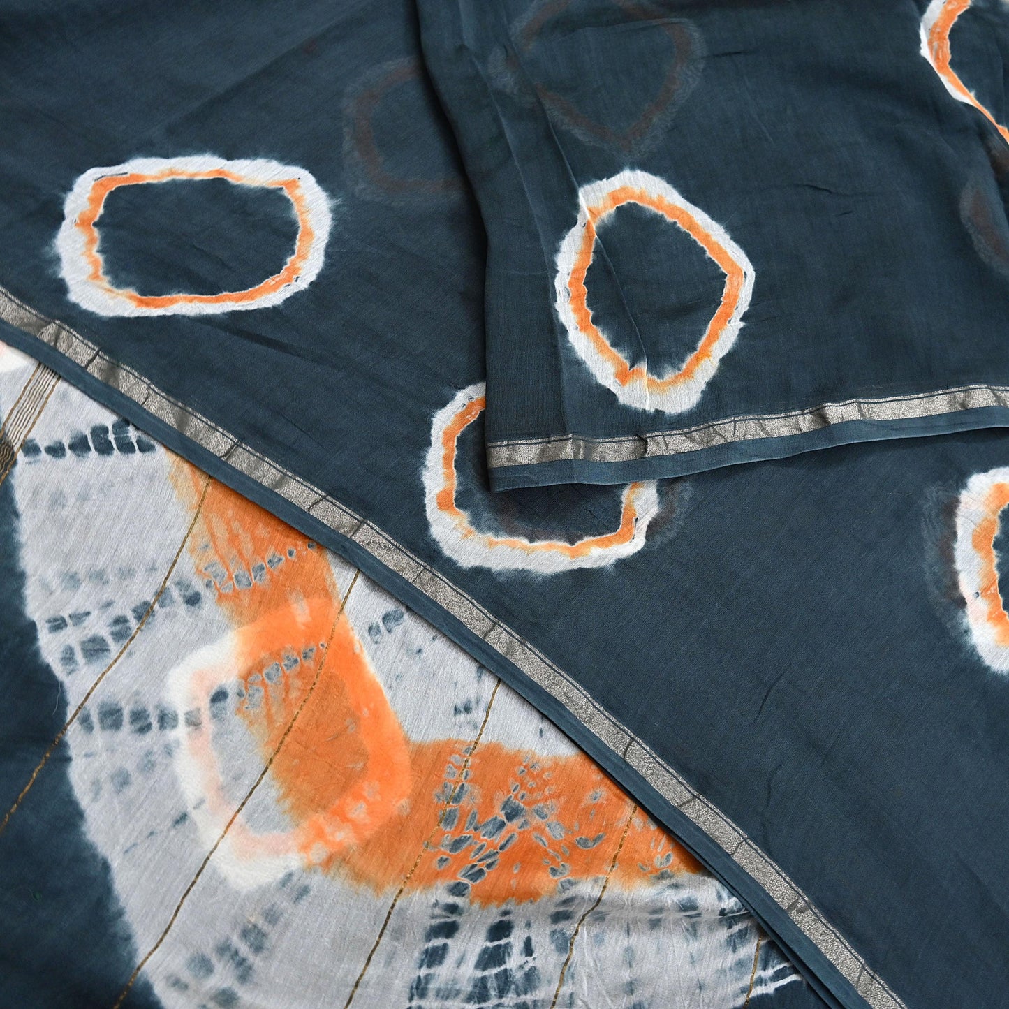 Indian Vintage Sari Orange & Black chanderi Silk tie-dye Printed Saree 5Yd Fabric Soft Zari Border Ethnic Upcycle Crafting Dress making