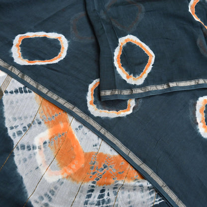 Indian Vintage Sari Orange & Black chanderi Silk tie-dye Printed Saree 5Yd Fabric Soft Zari Border Ethnic Upcycle Crafting Dress making