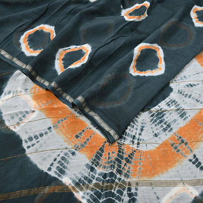 Indian Vintage Sari Orange & Black chanderi Silk tie-dye Printed Saree 5Yd Fabric Soft Zari Border Ethnic Upcycle Crafting Dress making