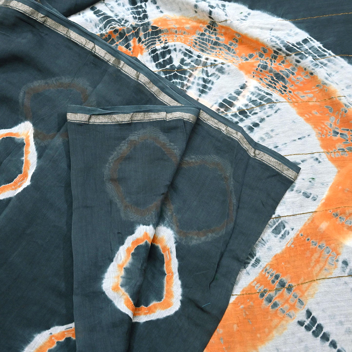 Indian Vintage Sari Orange & Black chanderi Silk tie-dye Printed Saree 5Yd Fabric Soft Zari Border Ethnic Upcycle Crafting Dress making