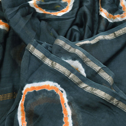 Indian Vintage Sari Orange & Black chanderi Silk tie-dye Printed Saree 5Yd Fabric Soft Zari Border Ethnic Upcycle Crafting Dress making