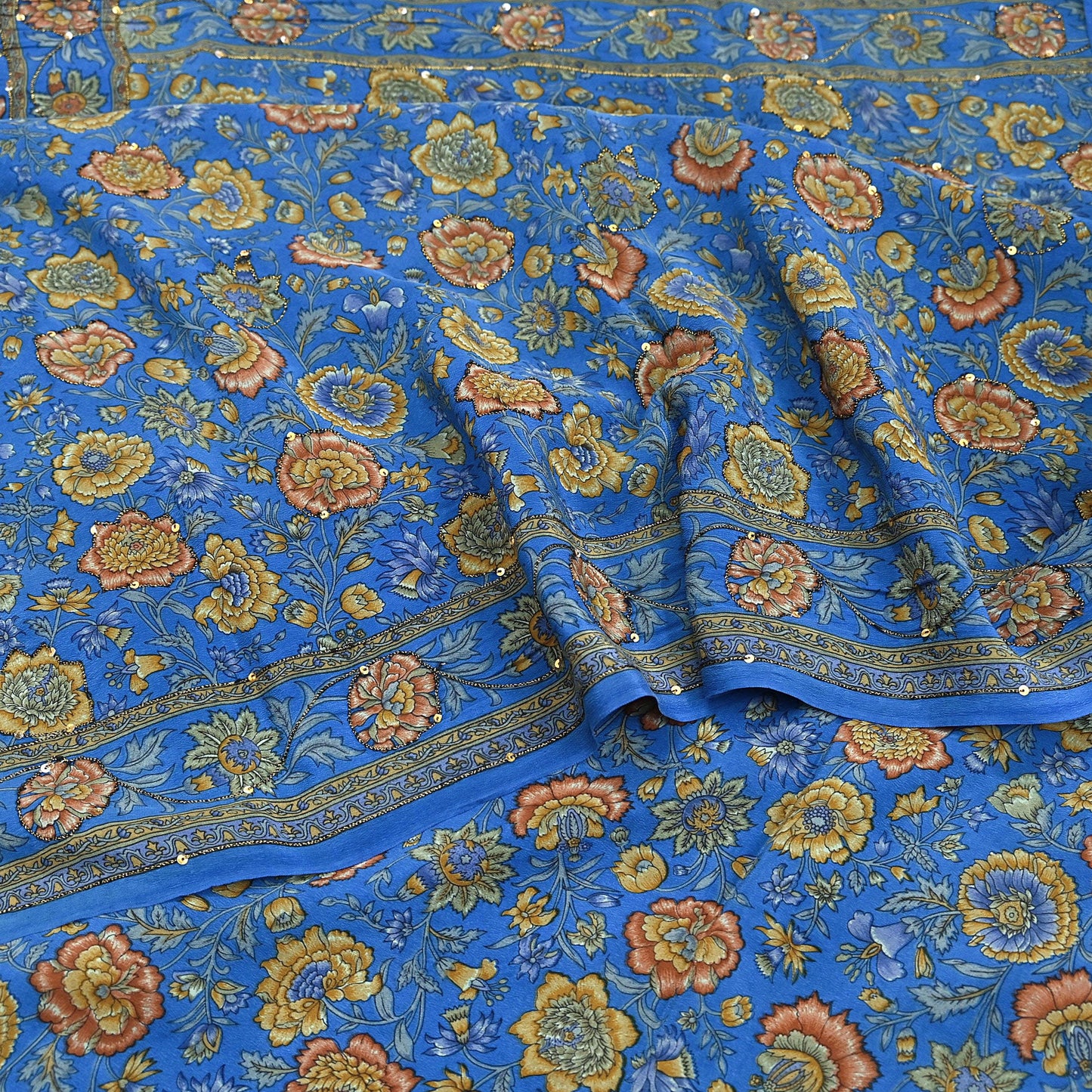 Indian Vintage Sari Blue Pure Crepe Silk Hand Embroidered Saree 5yd Sewing Floral Craft Sequins Dress making Crafting Quilting