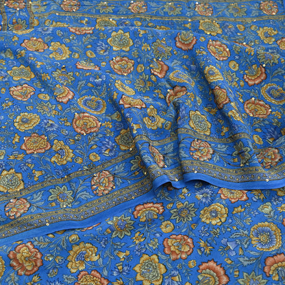 Indian Vintage Sari Blue Pure Crepe Silk Hand Embroidered Saree 5yd Sewing Floral Craft Sequins Dress making Crafting Quilting