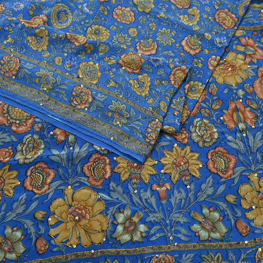 Indian Vintage Sari Blue Pure Crepe Silk Hand Embroidered Saree 5yd Sewing Floral Craft Sequins Dress making Crafting Quilting