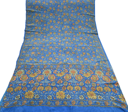 Indian Vintage Sari Blue Pure Crepe Silk Hand Embroidered Saree 5yd Sewing Floral Craft Sequins Dress making Crafting Quilting