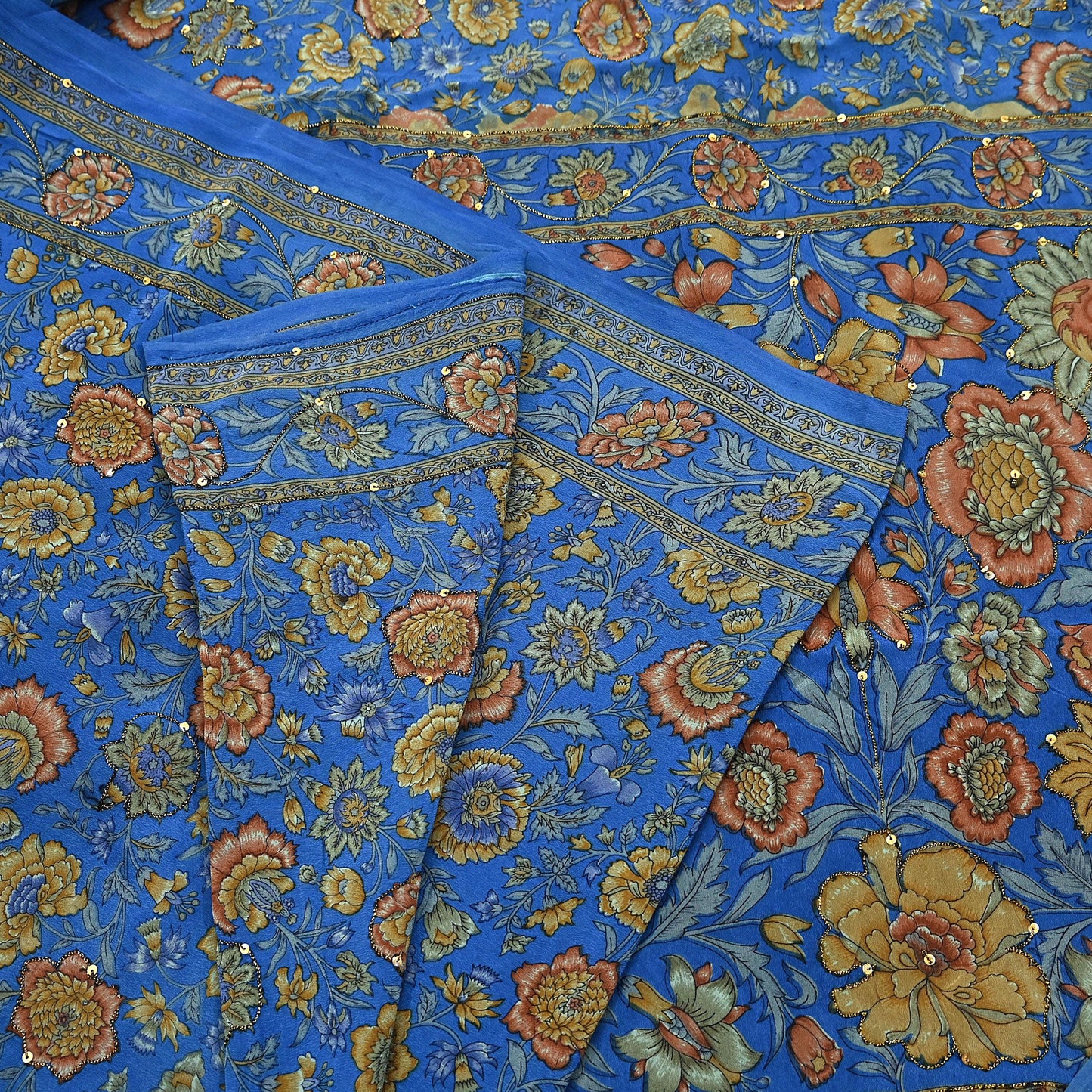 Indian Vintage Sari Blue Pure Crepe Silk Hand Embroidered Saree 5yd Sewing Floral Craft Sequins Dress making Crafting Quilting