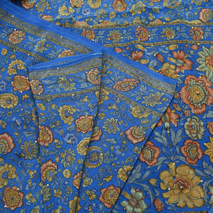 Indian Vintage Sari Blue Pure Crepe Silk Hand Embroidered Saree 5yd Sewing Floral Craft Sequins Dress making Crafting Quilting