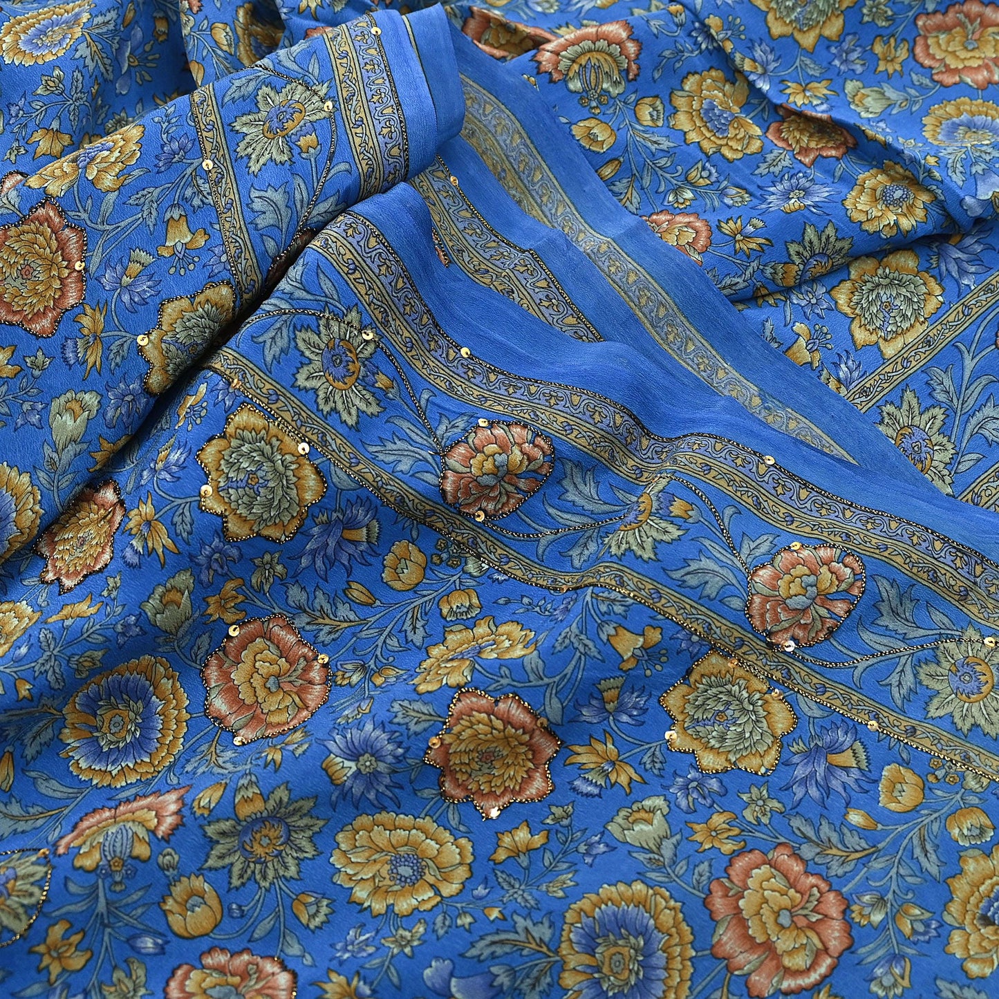 Indian Vintage Sari Blue Pure Crepe Silk Hand Embroidered Saree 5yd Sewing Floral Craft Sequins Dress making Crafting Quilting