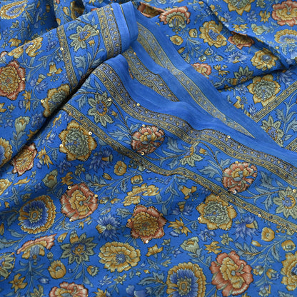 Indian Vintage Sari Blue Pure Crepe Silk Hand Embroidered Saree 5yd Sewing Floral Craft Sequins Dress making Crafting Quilting