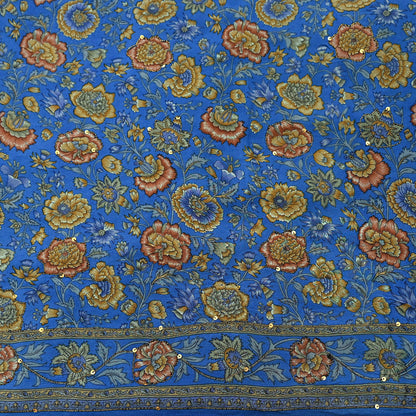 Indian Vintage Sari Blue Pure Crepe Silk Hand Embroidered Saree 5yd Sewing Floral Craft Sequins Dress making Crafting Quilting