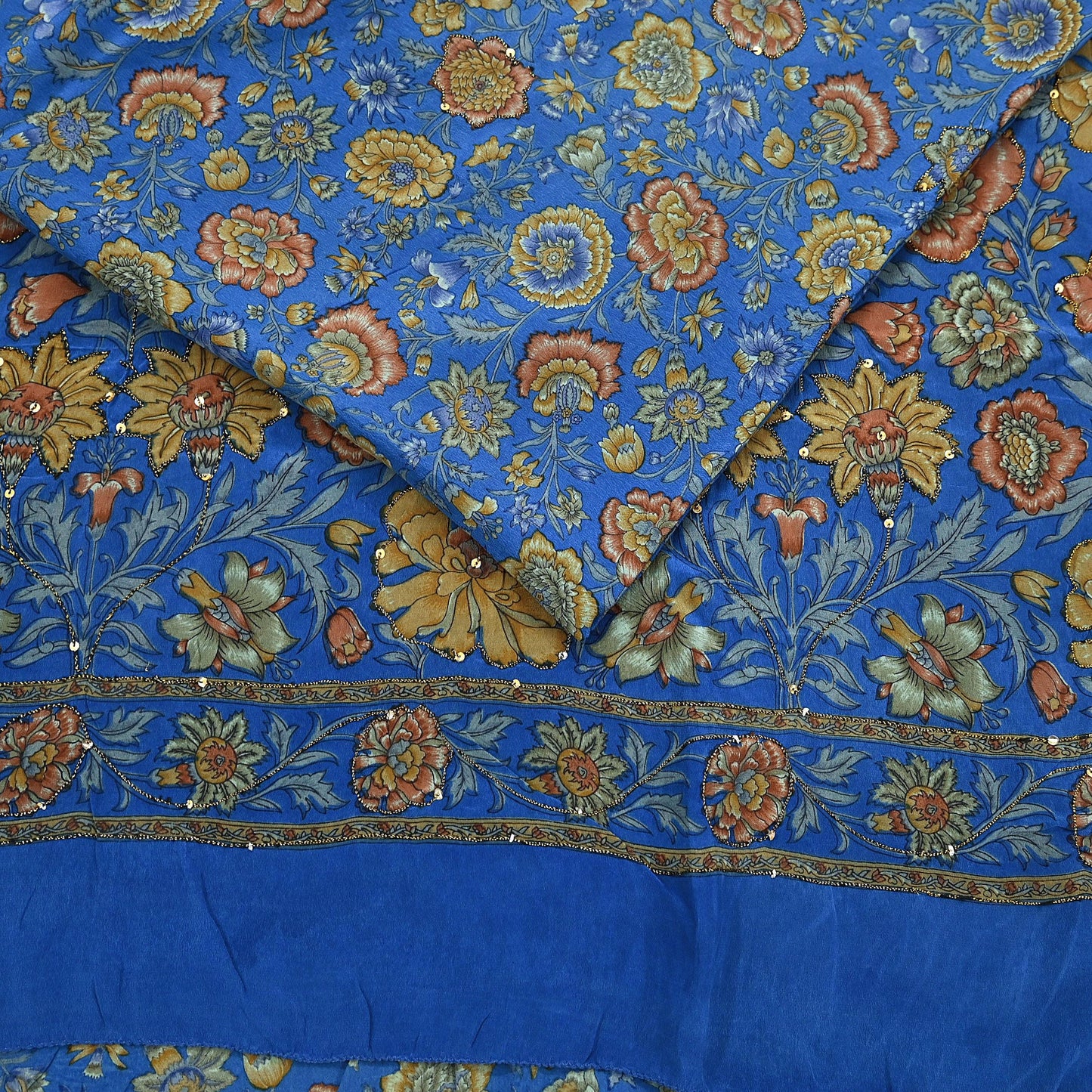 Indian Vintage Sari Blue Pure Crepe Silk Hand Embroidered Saree 5yd Sewing Floral Craft Sequins Dress making Crafting Quilting