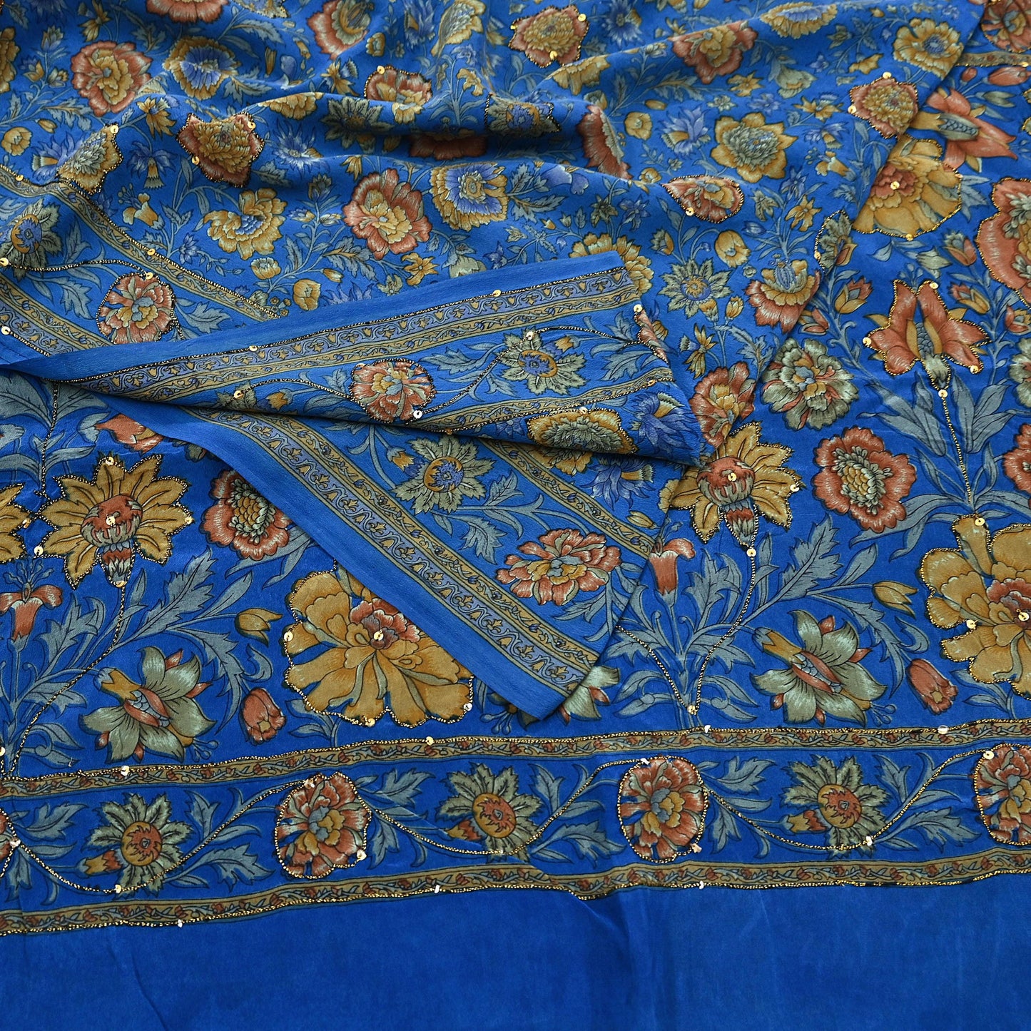 Indian Vintage Sari Blue Pure Crepe Silk Hand Embroidered Saree 5yd Sewing Floral Craft Sequins Dress making Crafting Quilting