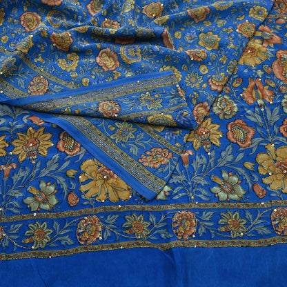 Indian Vintage Sari Blue Pure Crepe Silk Hand Embroidered Saree 5yd Sewing Floral Craft Sequins Dress making Crafting Quilting
