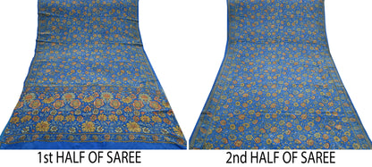 Indian Vintage Sari Blue Pure Crepe Silk Hand Embroidered Saree 5yd Sewing Floral Craft Sequins Dress making Crafting Quilting