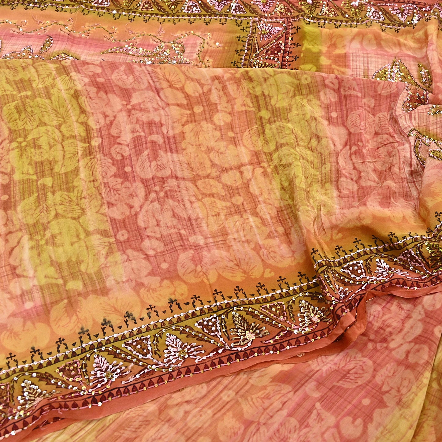 Indian Vintage Sari Brown & Green Pure Crepe Silk Hand Embroidered Saree 5yd Sewing Floral Craft Sequins Dress making Crafting Quilting